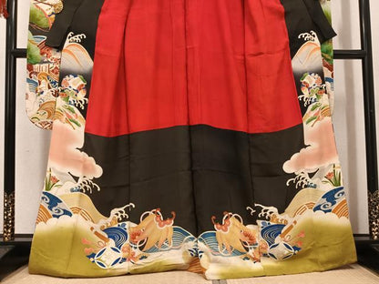 平和屋本店●アンティーク　大正ロマン　振袖　駒刺繍　立波風景花宝尽くし　黒地　正絹　逸品　AABI0468ph
