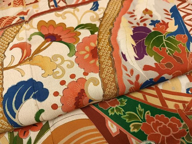 平和屋本店●アンティーク　大正ロマン　振袖　駒刺繍　立波風景花宝尽くし　黒地　正絹　逸品　AABI0468ph