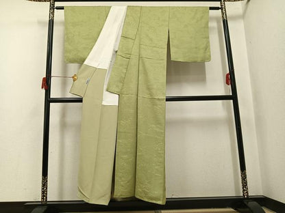平和屋着物●上質な色無地　風景地紋　京名所三十六景　抹茶色　反端付き　正絹　逸品　AABI0471ph