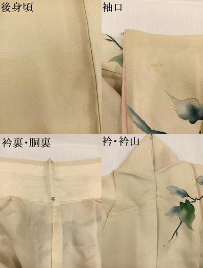 平和屋着物●アンティーク　大正ロマン　訪問着　手描き　駒刺繍　飛鳥草木文　金彩　正絹　逸品　AABI0476ph