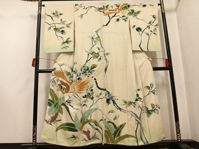 平和屋着物●アンティーク　大正ロマン　訪問着　手描き　駒刺繍　飛鳥草木文　金彩　正絹　逸品　AABI0476ph