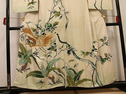 平和屋着物●アンティーク　大正ロマン　訪問着　手描き　駒刺繍　飛鳥草木文　金彩　正絹　逸品　AABI0476ph