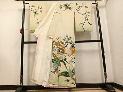 平和屋着物●アンティーク　大正ロマン　訪問着　手描き　駒刺繍　飛鳥草木文　金彩　正絹　逸品　AABI0476ph