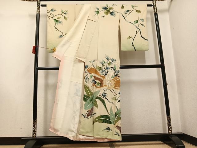 平和屋着物●アンティーク　大正ロマン　訪問着　手描き　駒刺繍　飛鳥草木文　金彩　正絹　逸品　AABI0476ph