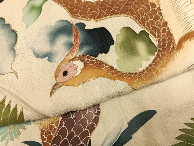 平和屋着物●アンティーク　大正ロマン　訪問着　手描き　駒刺繍　飛鳥草木文　金彩　正絹　逸品　AABI0476ph