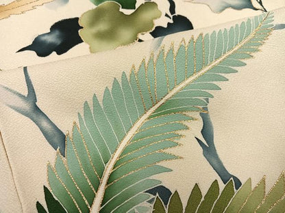 平和屋着物●アンティーク　大正ロマン　訪問着　手描き　駒刺繍　飛鳥草木文　金彩　正絹　逸品　AABI0476ph