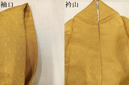 平和屋着物●上質な色無地　毘沙門亀甲地紋　黄朽葉色　正絹　逸品　AABI0480ph