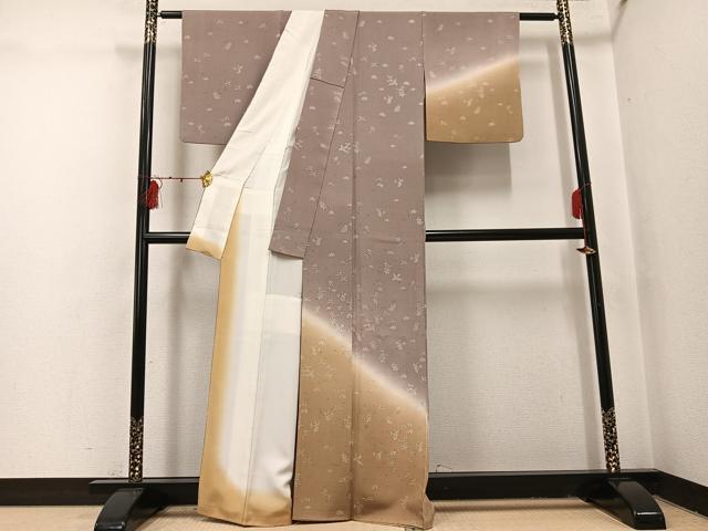 平和屋着物●訪問着　花喰い鳥　暈し染め　お召縮緬　正絹　逸品　AABI0483ph