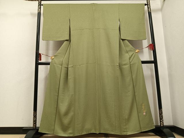 平和屋着物●上質な色無地　作家物　泥草木染　紋意匠　黄海松茶色　正絹　逸品　AABI0486ph