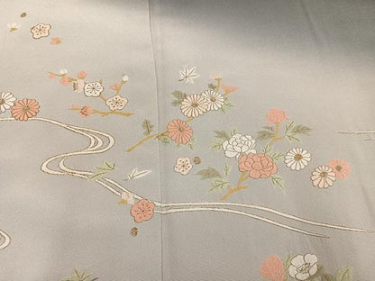 平和屋着物●訪問着　刺繍　流水草花文　暈し染め　金糸　正絹　逸品　AABI0493ph