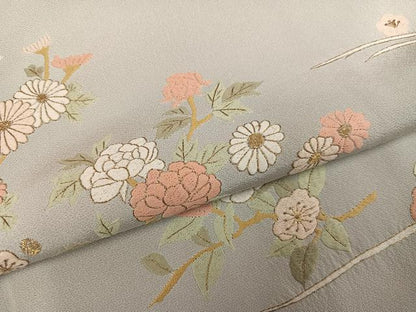 平和屋着物●訪問着　刺繍　流水草花文　暈し染め　金糸　正絹　逸品　AABI0493ph