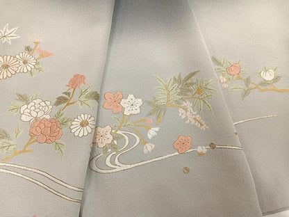 平和屋着物●訪問着　刺繍　流水草花文　暈し染め　金糸　正絹　逸品　AABI0493ph