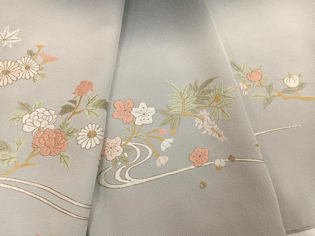 平和屋着物●訪問着　刺繍　流水草花文　暈し染め　金糸　正絹　逸品　AABI0493ph