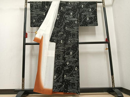 平和屋着物●上質な小紋　絞り　唐草文　黒地　正絹　逸品　AABI0497ph