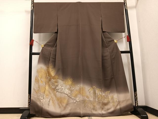 平和屋着物●色留訪問着　手描き　刺繍　松竹梅文　金彩　正絹　逸品　AABI0498ph