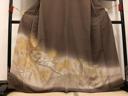 平和屋着物●色留訪問着　手描き　刺繍　松竹梅文　金彩　正絹　逸品　AABI0498ph