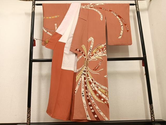 平和屋着物●アンティーク　大正ロマン　訪問着　刺繍　束ね熨斗草花文　金彩　正絹　逸品　AABI0510ph