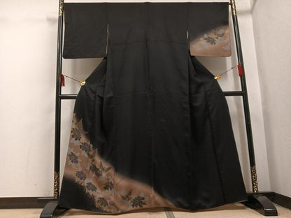 平和屋着物●訪問着　花鳥文　暈し染め　黒地　金彩　正絹　逸品　AABI0512ph