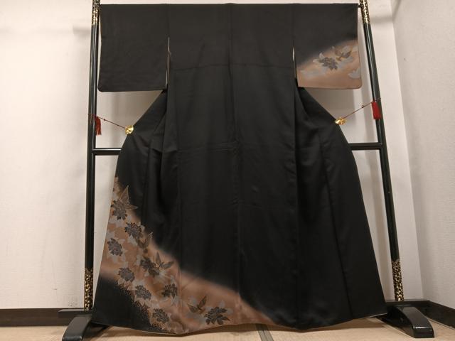 平和屋着物●訪問着　花鳥文　暈し染め　黒地　金彩　正絹　逸品　AABI0512ph