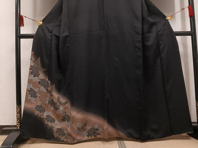 平和屋着物●訪問着　花鳥文　暈し染め　黒地　金彩　正絹　逸品　AABI0512ph