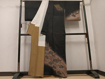 平和屋着物●訪問着　花鳥文　暈し染め　黒地　金彩　正絹　逸品　AABI0512ph