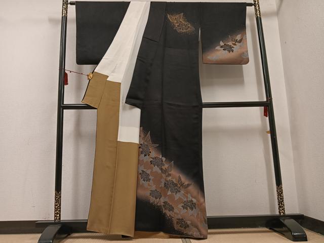 平和屋着物●訪問着　花鳥文　暈し染め　黒地　金彩　正絹　逸品　AABI0512ph