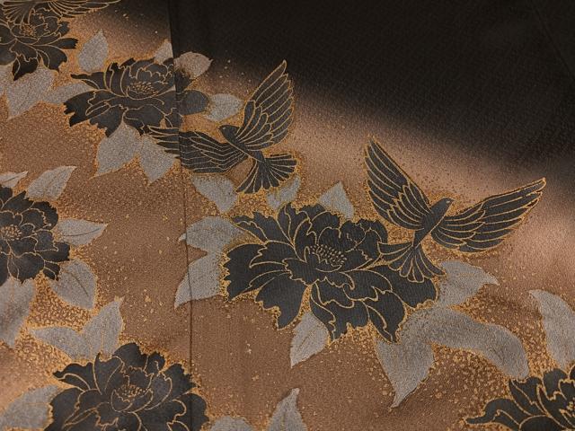 平和屋着物●訪問着　花鳥文　暈し染め　黒地　金彩　正絹　逸品　AABI0512ph