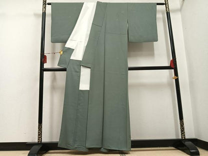 平和屋着物●上質な色無地　草花地紋　柳煤竹色　正絹　逸品　AABI0533ph