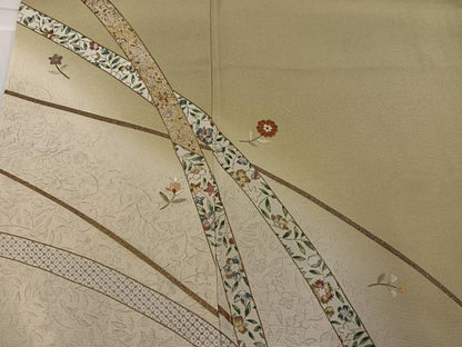 平和屋着物●訪問着　駒刺繍　草花文　暈し染め　金銀彩　正絹　逸品　AABI0548ph