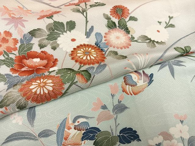 平和屋着物●訪問着　鴛鴦草花文　正絹　逸品　AABI0549ph