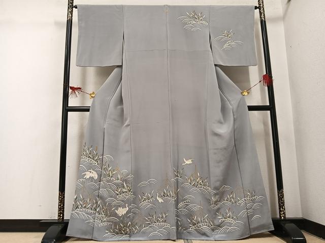 平和屋着物●訪問着　立波群れ鳥笹文　金彩　正絹　逸品　AABI0554ph