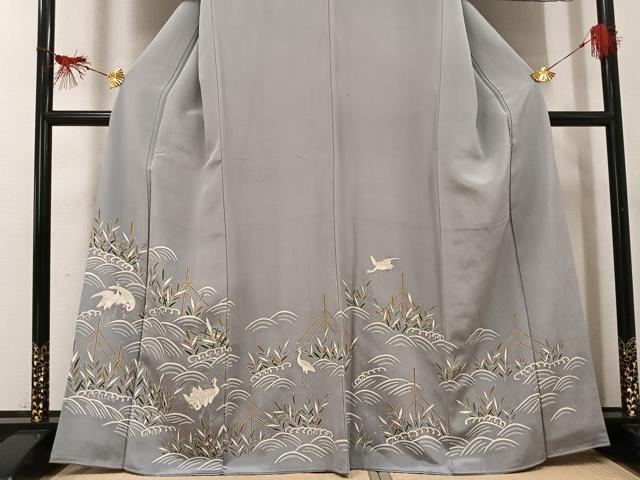 平和屋着物●訪問着　立波群れ鳥笹文　金彩　正絹　逸品　AABI0554ph