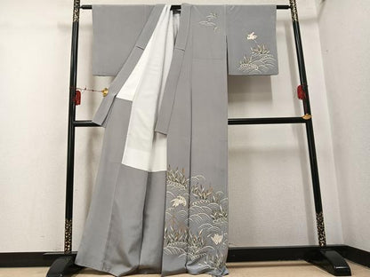 平和屋着物●訪問着　立波群れ鳥笹文　金彩　正絹　逸品　AABI0554ph