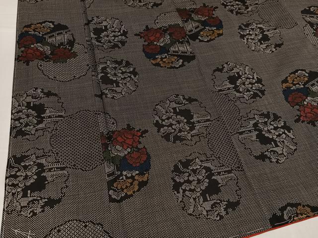 平和屋着物●本場大島紬　一元絣　雪輪草花文　国本商店謹製　証紙付き　正絹　逸品　未使用　AABI0555ph