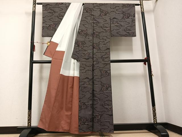 平和屋着物●本場大島紬　一元絣　エ霞草花文　吉川織物謹製　証紙付き　正絹　逸品　AABI0558ph
