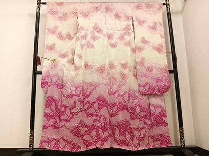 平和屋着物●豪華振袖　駒刺繍　絞り　舞蝶文　暈し染め　正絹　逸品　AABI0559ph