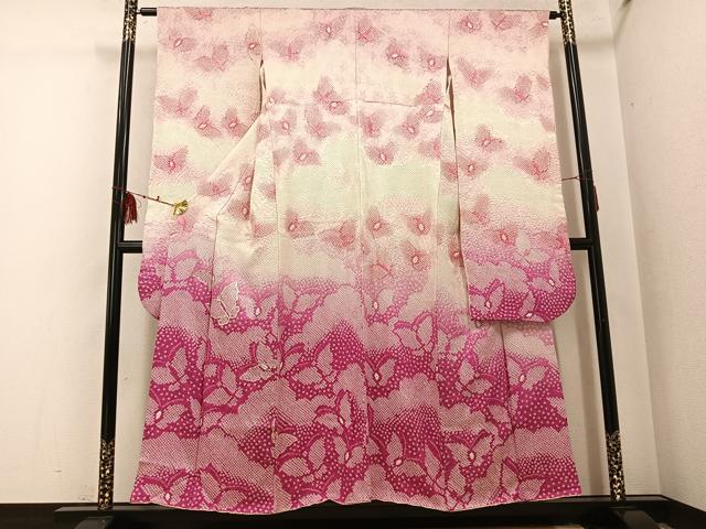 平和屋着物●豪華振袖　駒刺繍　絞り　舞蝶文　暈し染め　正絹　逸品　AABI0559ph