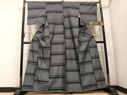 平和屋着物●黄八丈　紬　手染　横段文　証紙付き　正絹　逸品　AABI0560ph