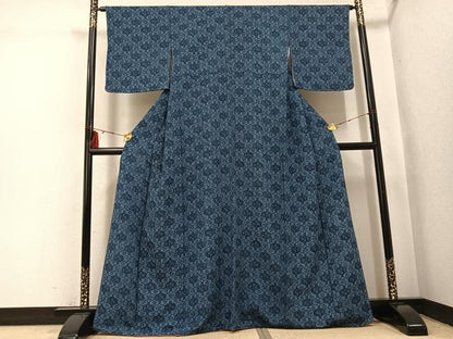 平和屋着物●阿波藍染　阿波友禅　徳島県無形文化財保持者　香川卓美　小紋　藍　草花文　正絹　逸品　未使用　AABI0561ph