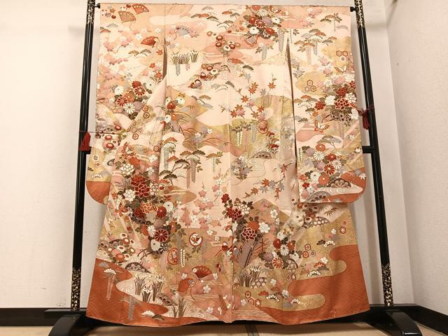 平和屋着物●豪華振袖　駒刺繍　檜扇花蝶文　金彩　正絹　逸品　AABI0566ph