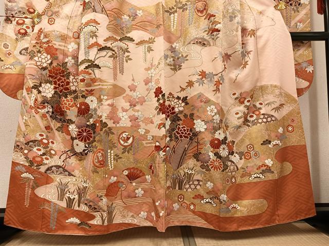 平和屋着物○豪華振袖 駒刺繍 檜扇花蝶文 金彩 正絹 逸品