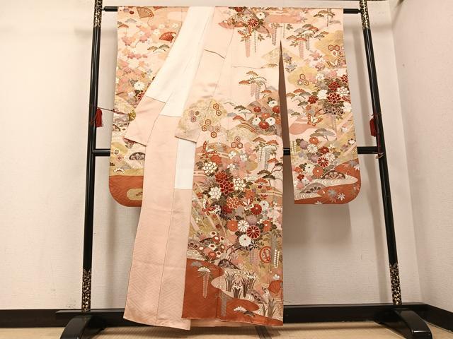 平和屋着物○豪華振袖 駒刺繍 檜扇花蝶文 金彩 正絹 逸品