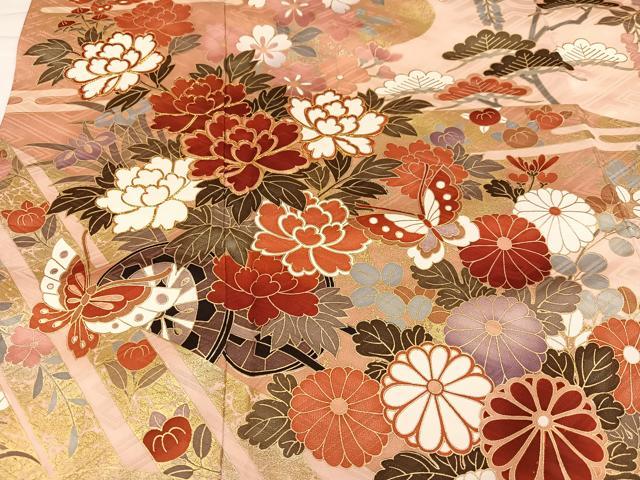 平和屋着物○豪華振袖 駒刺繍 檜扇花蝶文 金彩 正絹 逸品