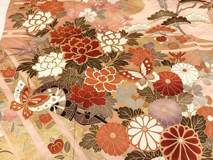 平和屋着物●豪華振袖　駒刺繍　檜扇花蝶文　金彩　正絹　逸品　AABI0566ph