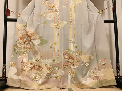 平和屋着物●訪問着　友禅　駒刺繍　扇面花文　暈し染め　金彩　正絹　逸品　未使用　AABI0567ph