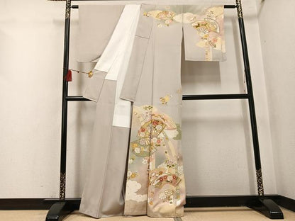 平和屋着物●訪問着　友禅　駒刺繍　扇面花文　暈し染め　金彩　正絹　逸品　未使用　AABI0567ph