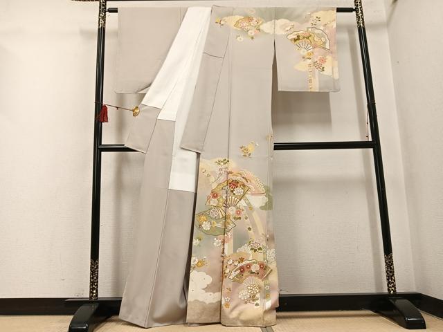 平和屋着物●訪問着　友禅　駒刺繍　扇面花文　暈し染め　金彩　正絹　逸品　未使用　AABI0567ph
