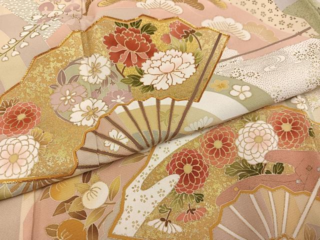 平和屋着物●訪問着　友禅　駒刺繍　扇面花文　暈し染め　金彩　正絹　逸品　未使用　AABI0567ph