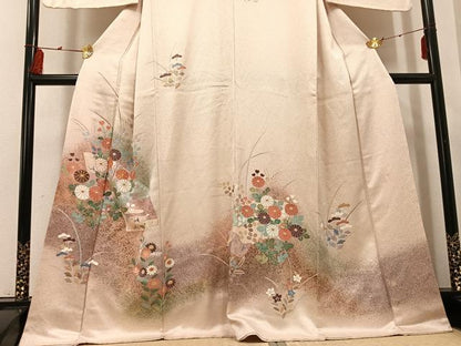平和屋着物●訪問着　作家物　駒刺繍　地紙草花文　金彩　正絹　逸品　AABI0569ph