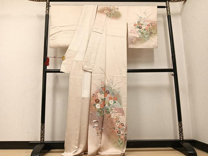 平和屋着物●訪問着　作家物　駒刺繍　地紙草花文　金彩　正絹　逸品　AABI0569ph